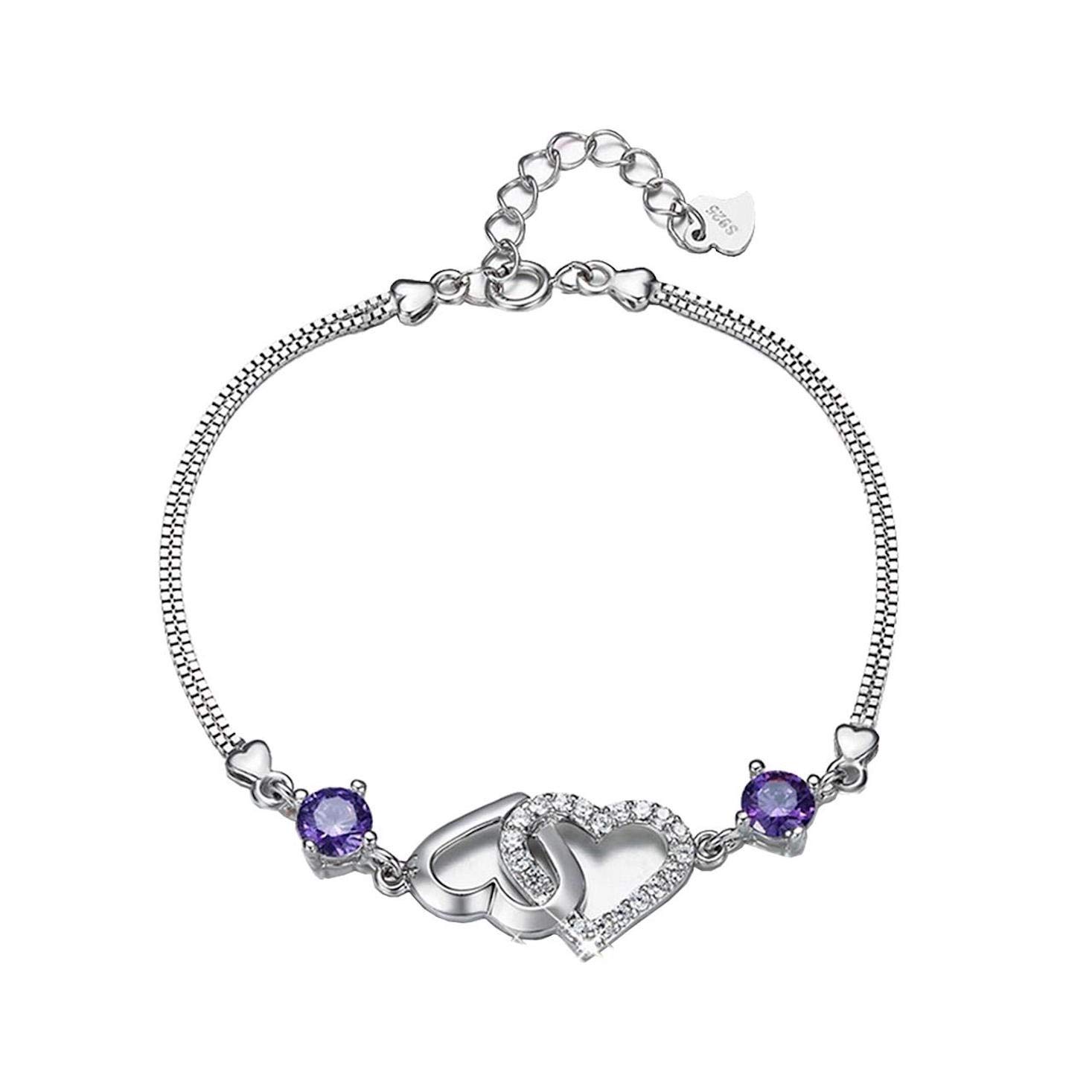 Nilus Collection Sterling Silver Double Heart Charm Bracelet, White and Purple Cubic Zirconia Adjustable Bracelet for Girls and Women (B0BS3RM537) Amazon Price History, Amazon Price Tracker