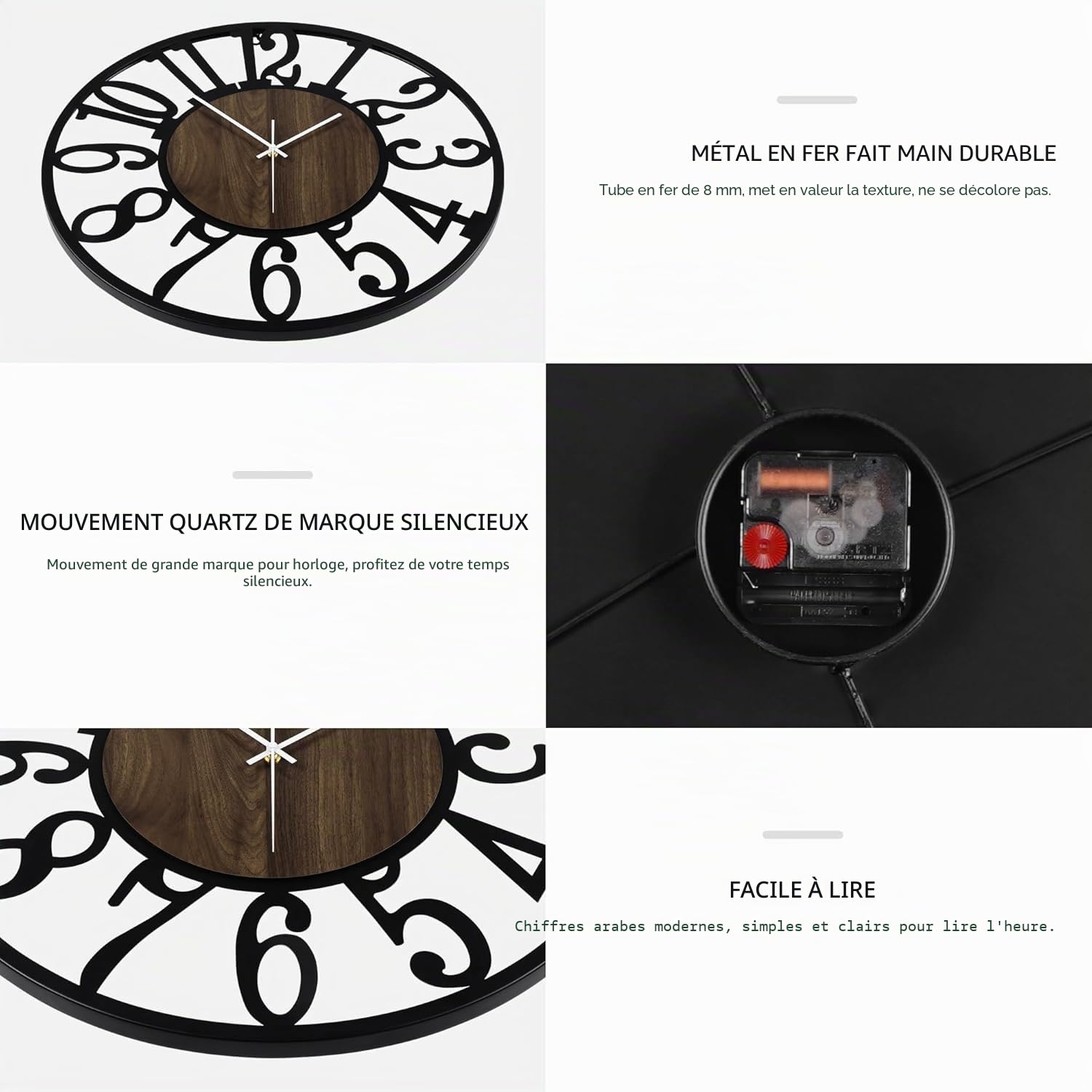 Maxstar Grande Horloge Murale silencieuse sans tic-tac - 60 cm - Chiffres Arabes - Horloge Murale à Quartz - Fonctionnement à Pile - Facile à Lire - pour la Maison, la Cuisine, la Chambre à Coucher,…