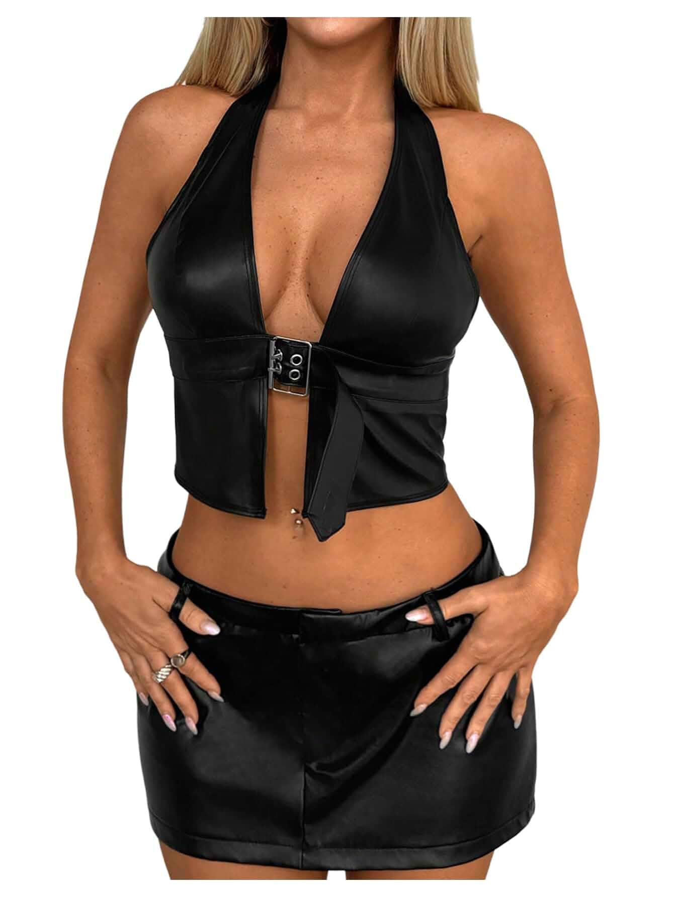 MakeMeChic Women's Going Out Top Buckle Corset Crop Halter Faux Leather Top Corset Party Backless Sleeveless Crop for Women, Concert Festival, Summer, Y2K, Clubwear New Year