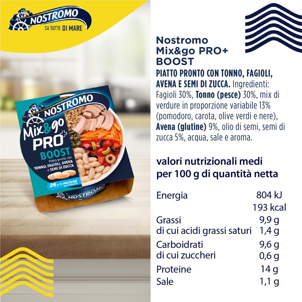 Nostromo Mix&Go Boost PRO+ - Piatto Pronto con Tonno, Fagioli, Avena, Verdure, Semi di Zucca - Ricco di Fibre e Proteine - 1 Confezione da 190g