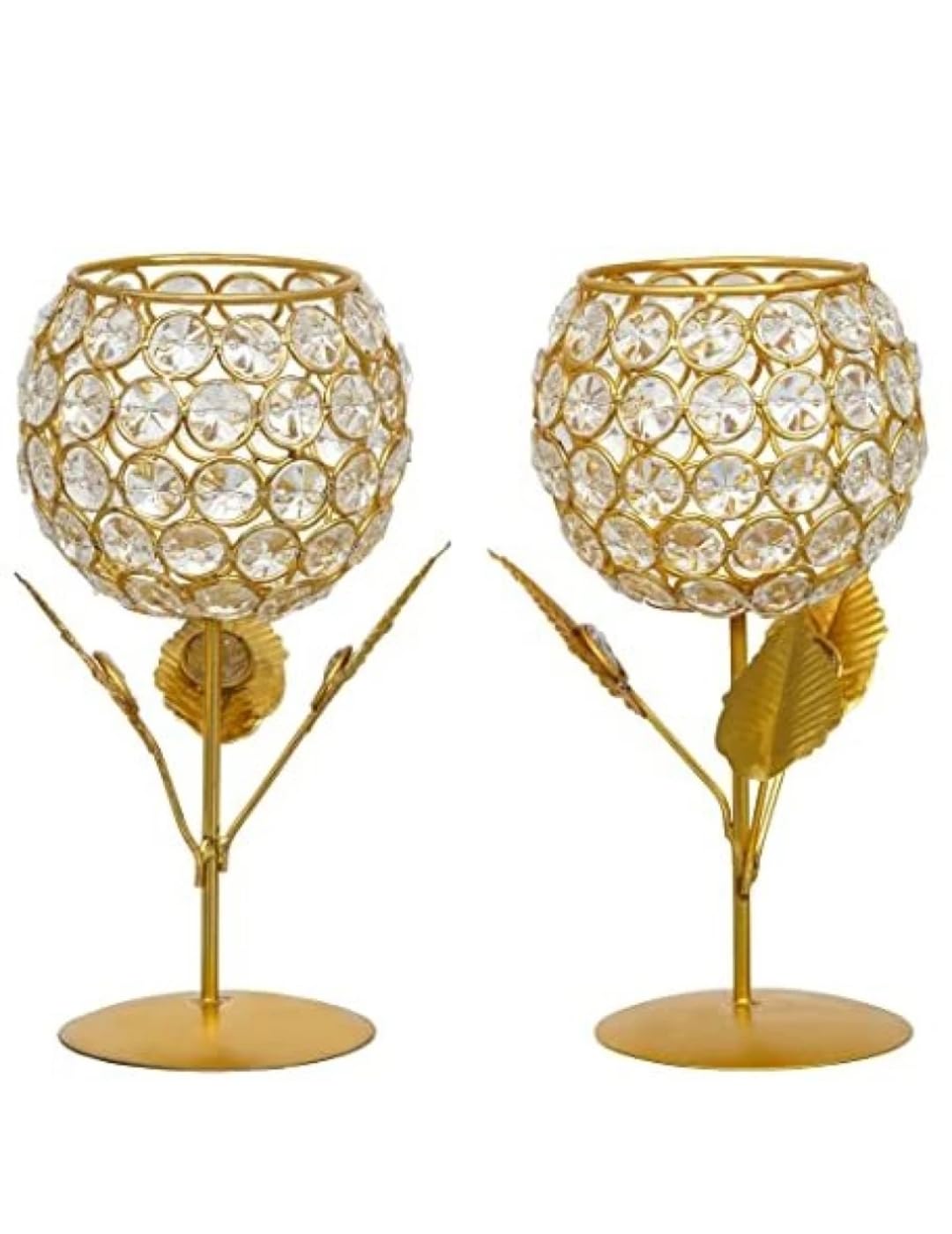 H.N & SONS Crystal Tealight Light Rose Design Diamond Crystal Brass Candle Holder Diya Tea Light Holder |. Pack of 02