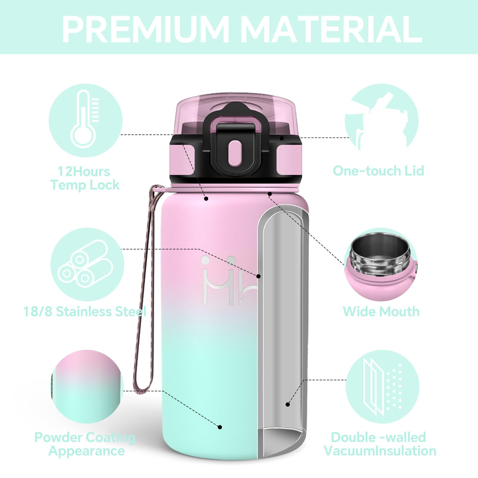 Borraccia Termica - 500 ml - Borraccia Acciaio Inox - Borracia con Cannuccia - Senza Perdite- Borracce Bambini - Mantiene Caldo per 12 Ore/Freddo 24 Ore, Termos per Scuole, Campeggio, Uffici - 3