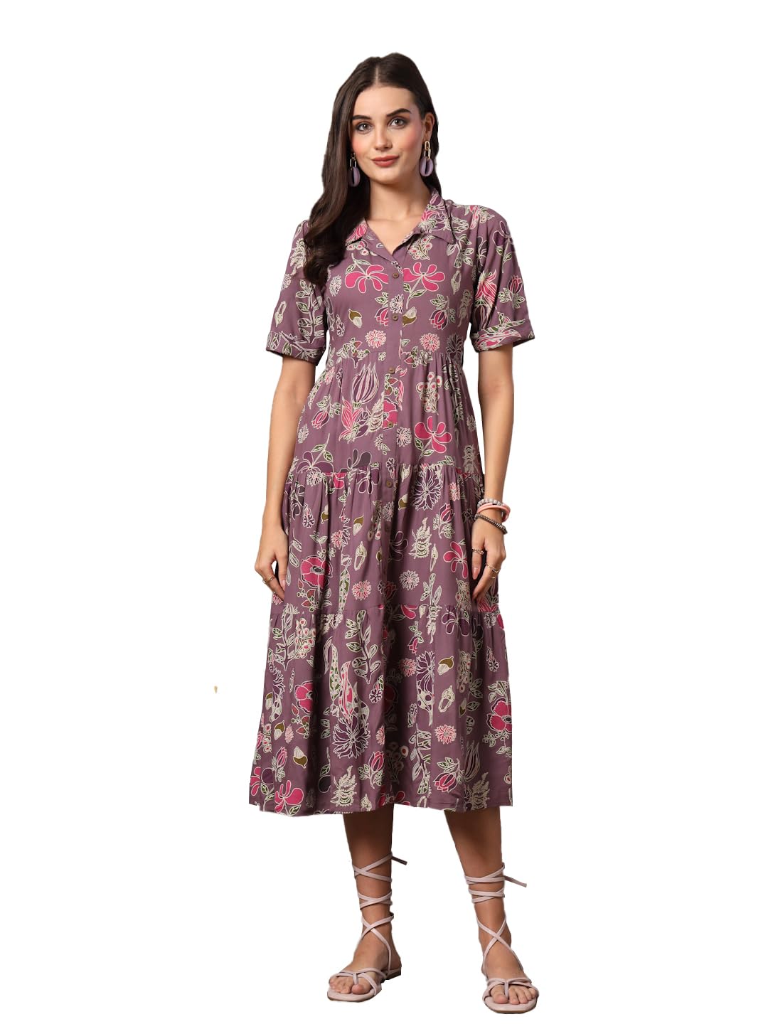 Stylum Women's Tropical Printed Rayon Tiered Dress (Drspurplesomil38_Purple, M)