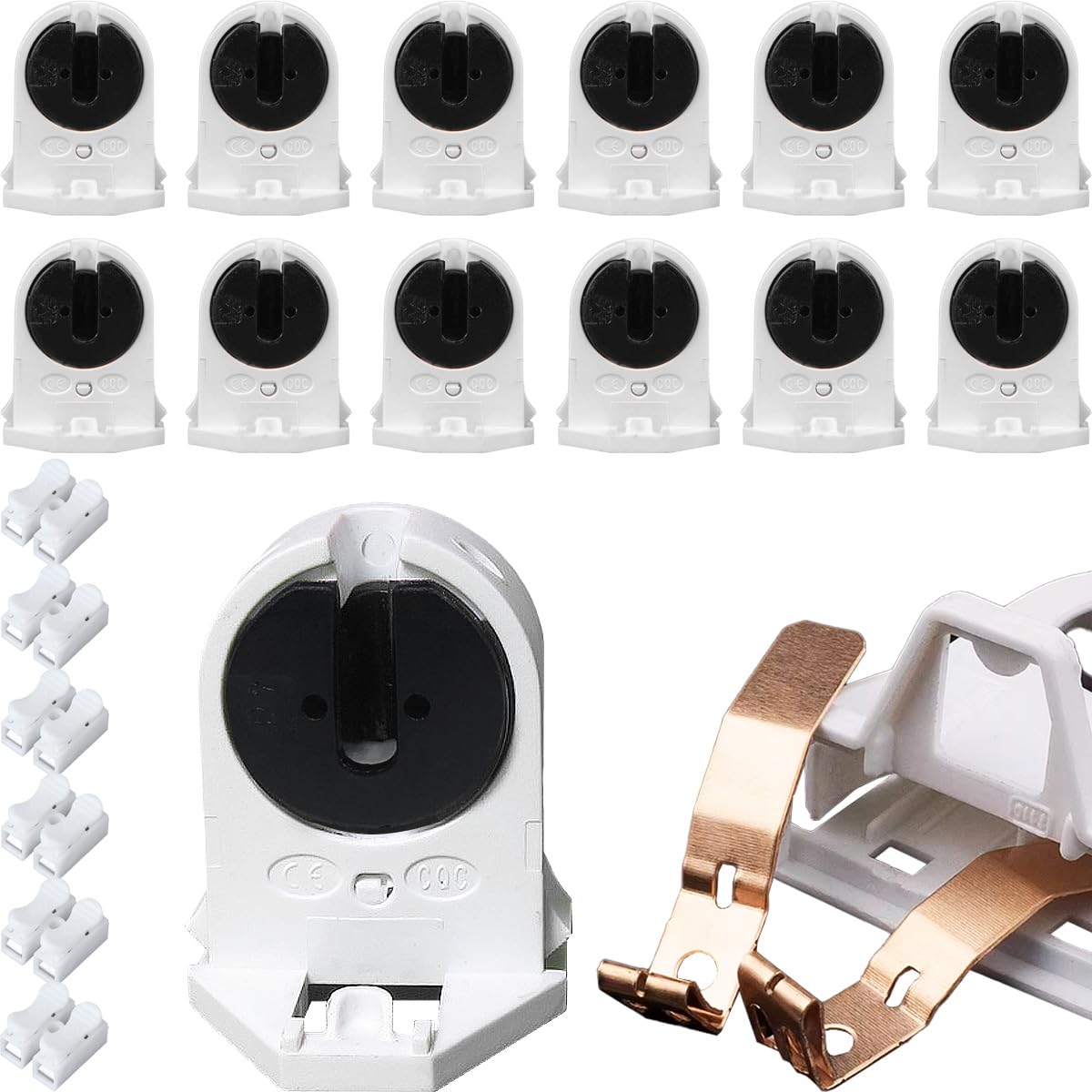 HAAMNING7 12 Pcs T5 Fluorescent Light Holder G5 Base Tombstone Lamp Socket with 6 Pcs Wire Connectors Non-Shunted Single Head AC 250V 2A Bi-Pin Base Replacements for LED Fluorescent Tube