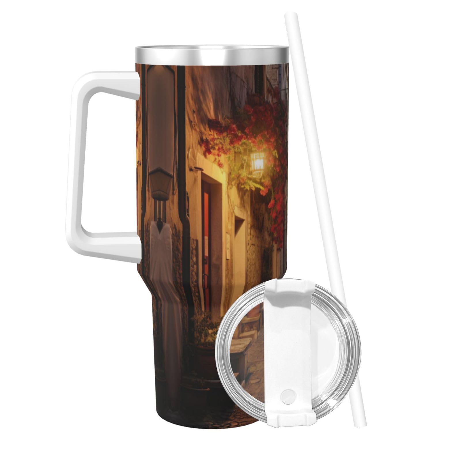 Italian Old Street Ice Bully Wasserflasche aus Edelstahl, doppelwandig, isoliert, mit Griff und Strohhalm-Deckel, 1,2 l