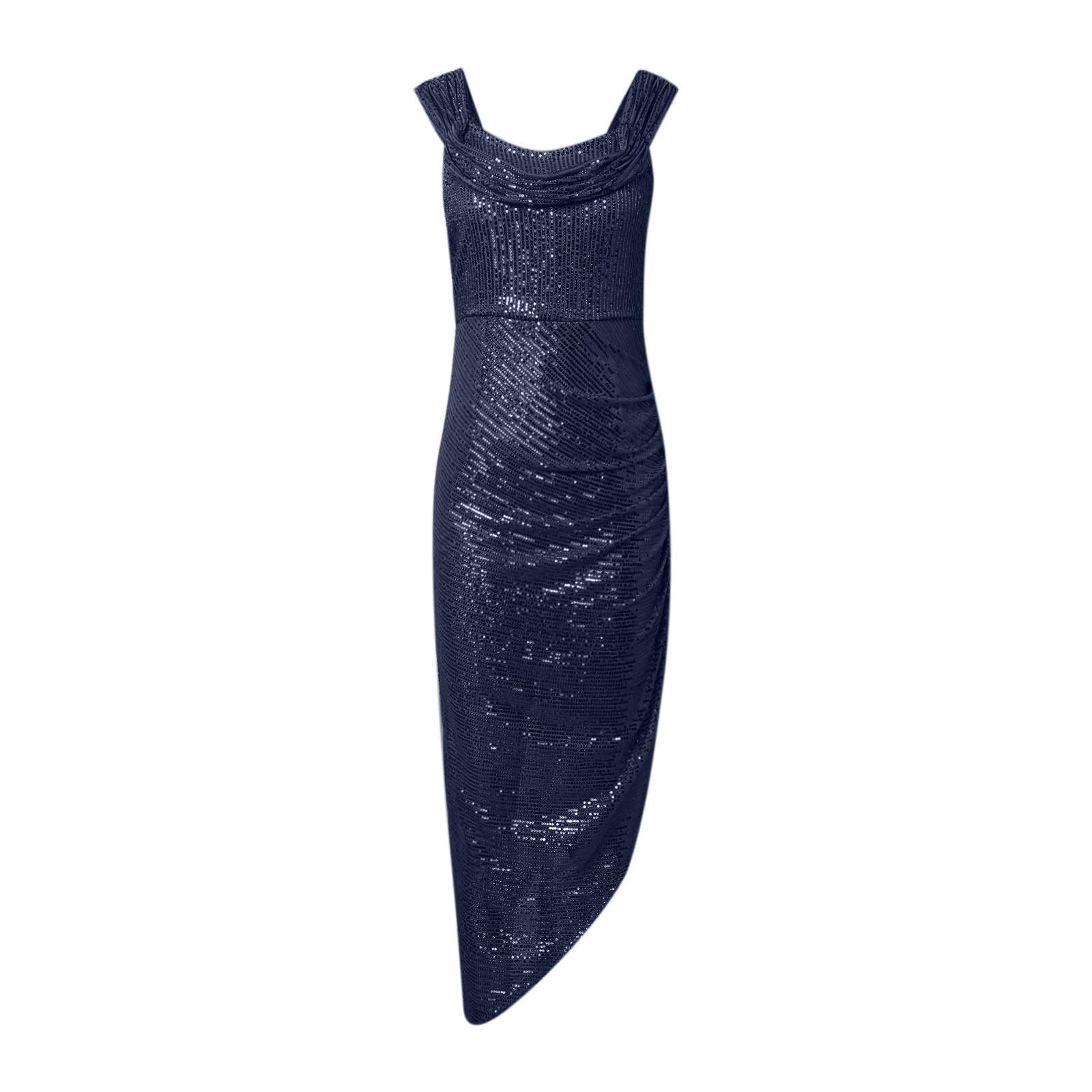 Generico Abito da Ballo Donna con Paillettes Scintillanti Elegante Vestito Formale Midi Spalle Scoperte per Serate e Occasioni Speciali
