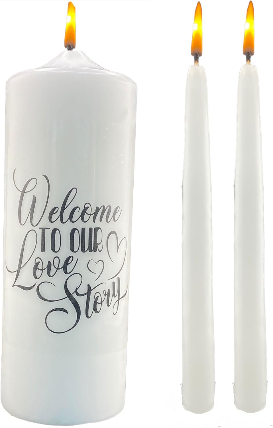 Welcome to Our Love Story Wedding Unity Candle Set or Wedding Memento with White Pillar and tapers
