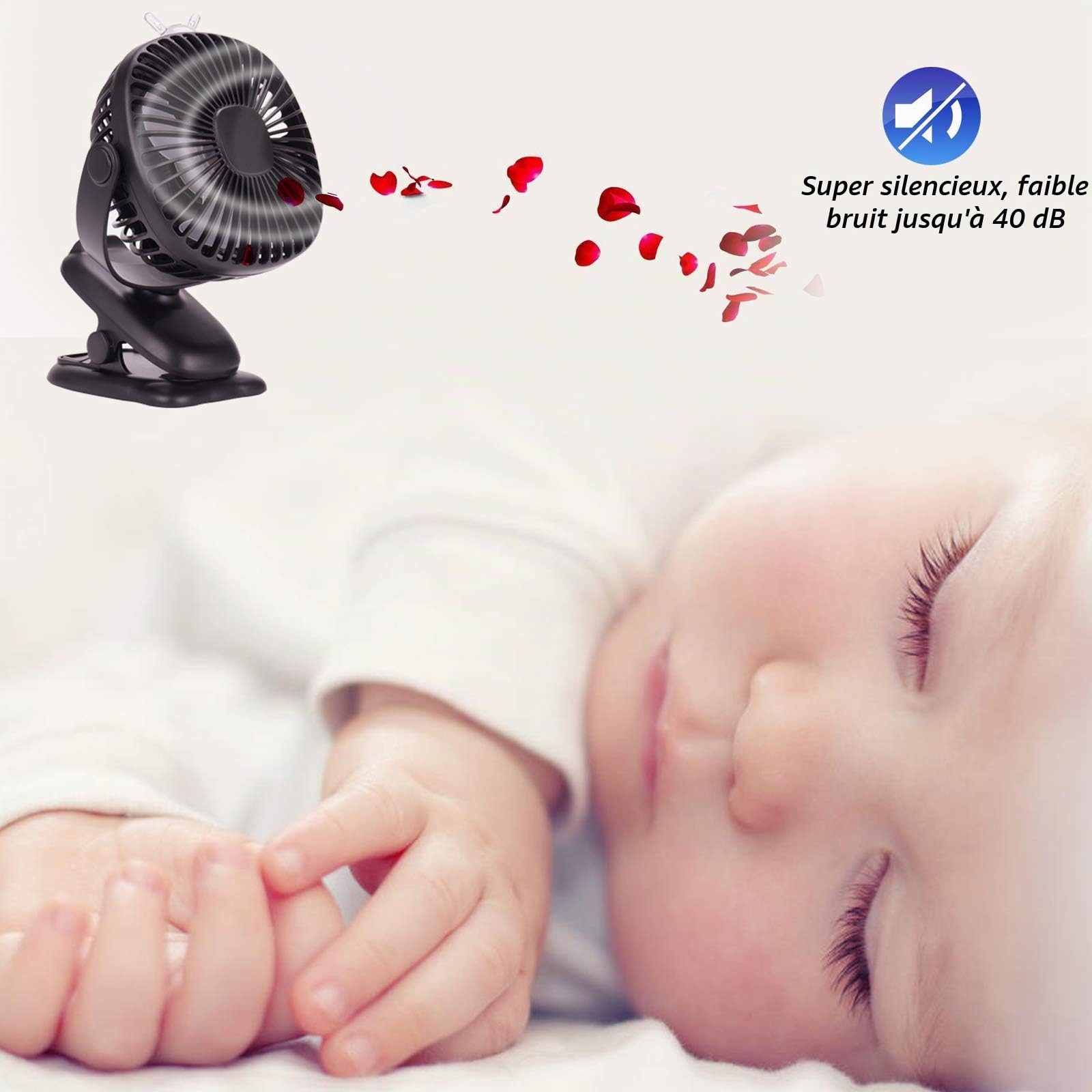 Venforze Ventilateur de poussette à clipser 8000 mAh USB Mini ventilateur de bureau personnel avec batterie rechargeable 4 vitesses Rotation à 360° Pour poussette, landau, poussette, bureau (Noir)
