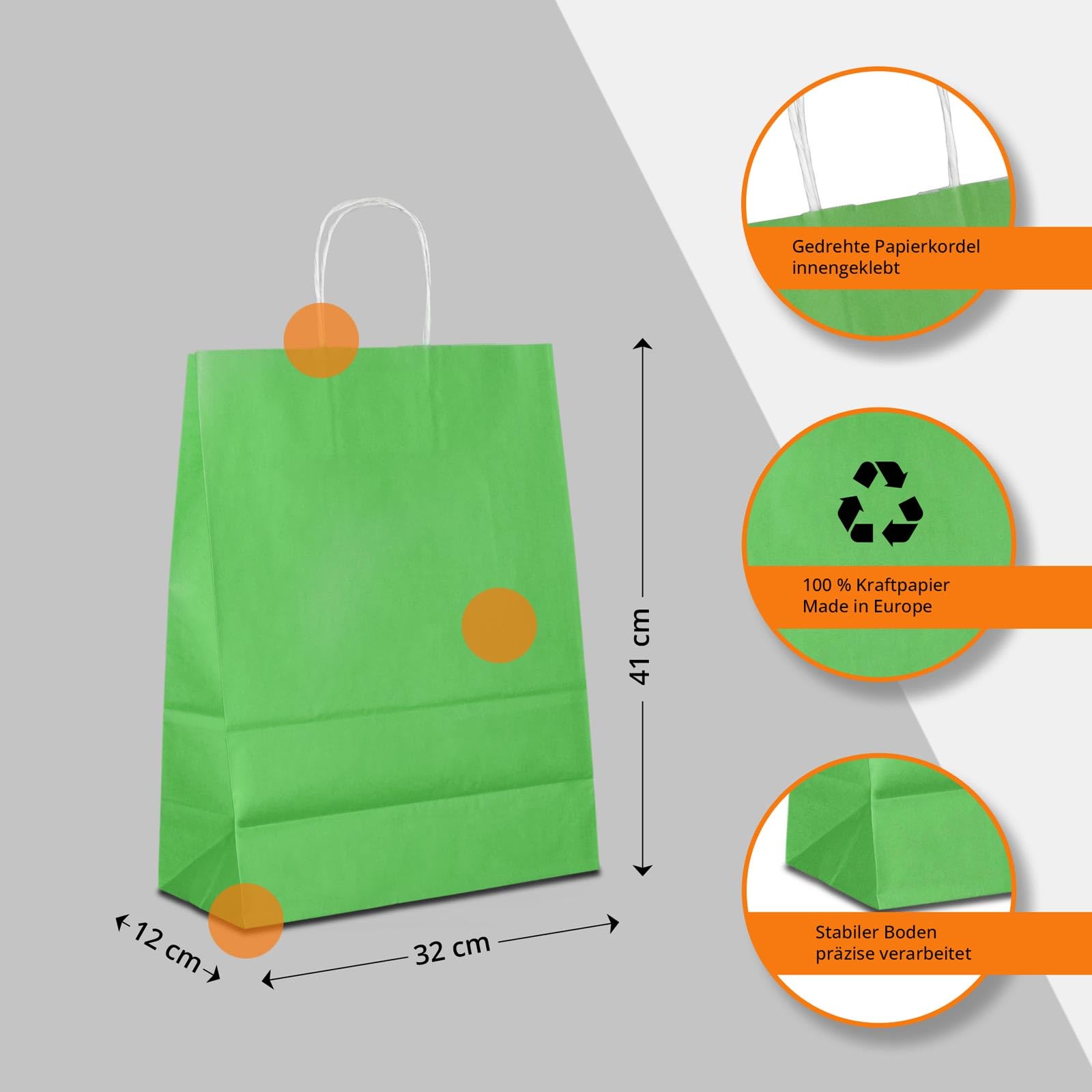 Papiertüten grün mit Kordel-Henkel I 250 Stk. 32+12x41cm I Papiertragetasche für Einzelhandel, Weihnachten, Mitbringsel, TO-GO I Geschenktüten aus Kraftpapier I HUTNER