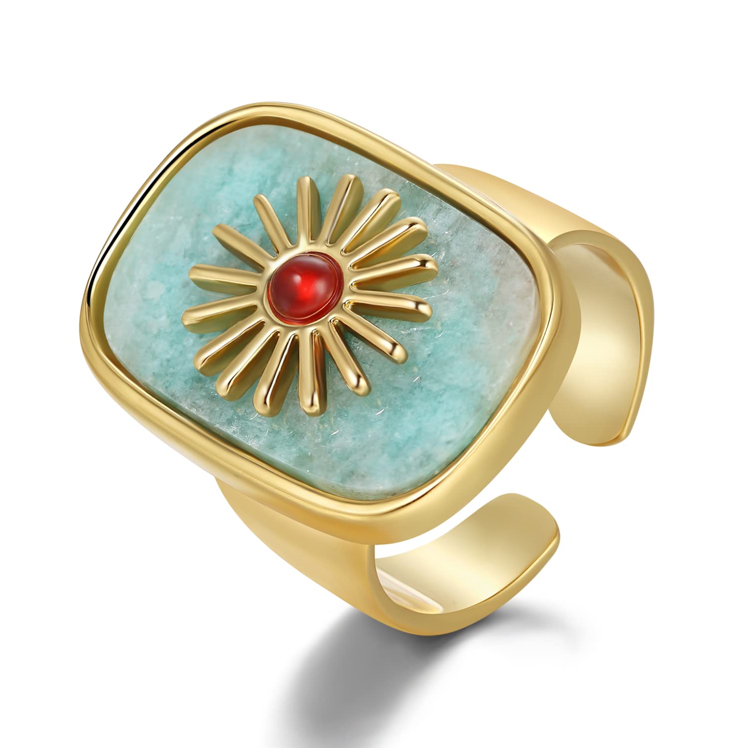 VIENNOISHealing CrystalStone Amazonite Turquoise with Sun Shape Agate Adjustable Open Wide Gemstone Ring Handmade Jewelry