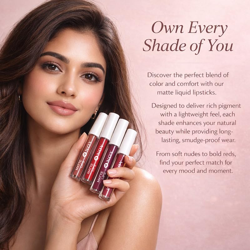 Image of Noy Matte Liquid Lipstick Bold Matte Finish That Feels Soft and Smooth - Nude Pink, Tan Nude, Red Magenta, Venetian Red Shades Pack of 4