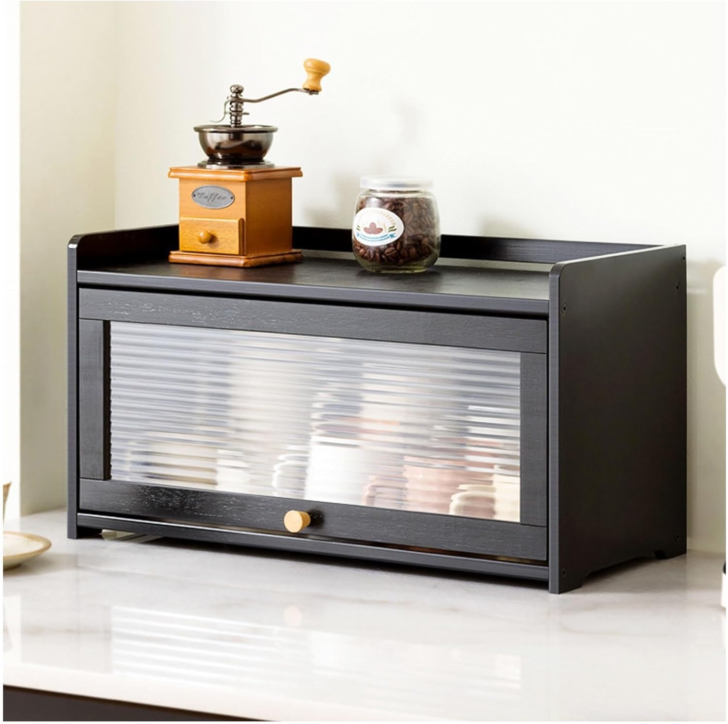 Bamboo Kitchen Pantry Sideboard, Freestanding Storage Cabinet with Sliding Doors, Countertop Organizer for Spices and Dishes, Space-Saving Design (Black, 1 Tier)