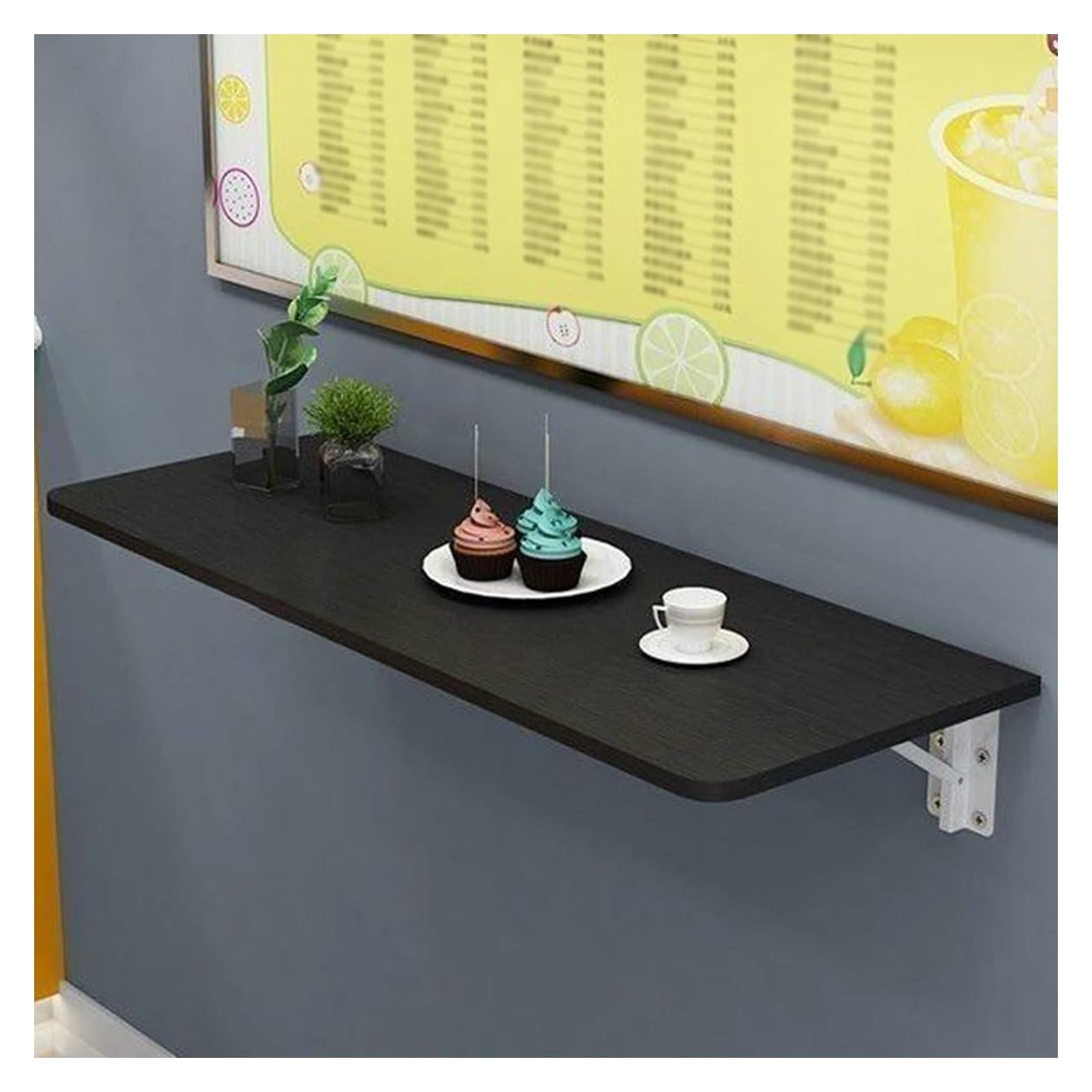 Bureau mural pliable en bois massif noir 90x40 cm