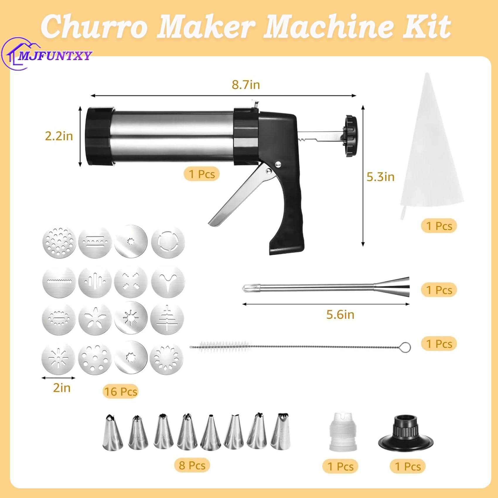 Kit de machine à churro – Pistolet à churro en acier inoxydable avec 8 douilles à douille, 16 disques, 1 brosse et poche à douille, presse à biscuits multifonction pour churros, beignets et