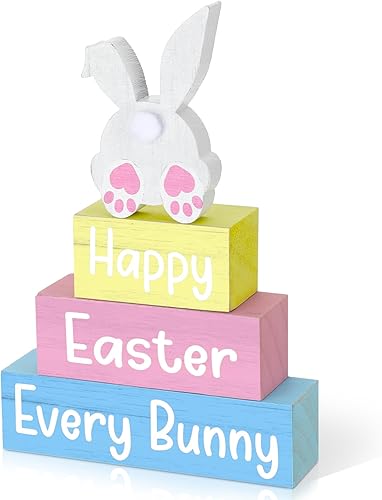 Motionchic 4 piezas de decoración de Pascua con diseño de conejito de Pascua, bloques de madera de Pascua, centro de mesa, centro de mesa, granja,