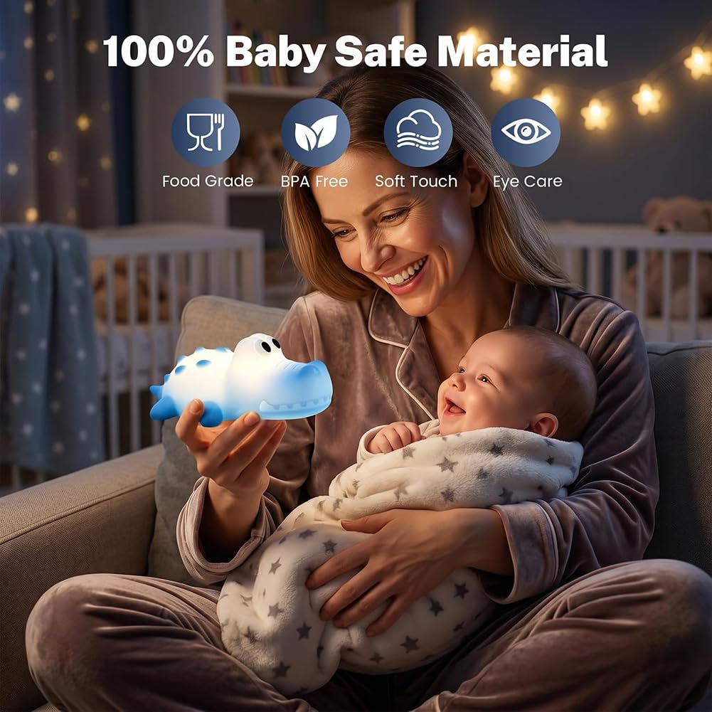 Luce Notte per Bambini a LED, Luce Notte a Forma di Coccodrillo per Neonati 3000K Lampada Calda e Modalità RGB Lampada per Bambini in Morbido Silicone con Timer da 30 Minuti,Blu