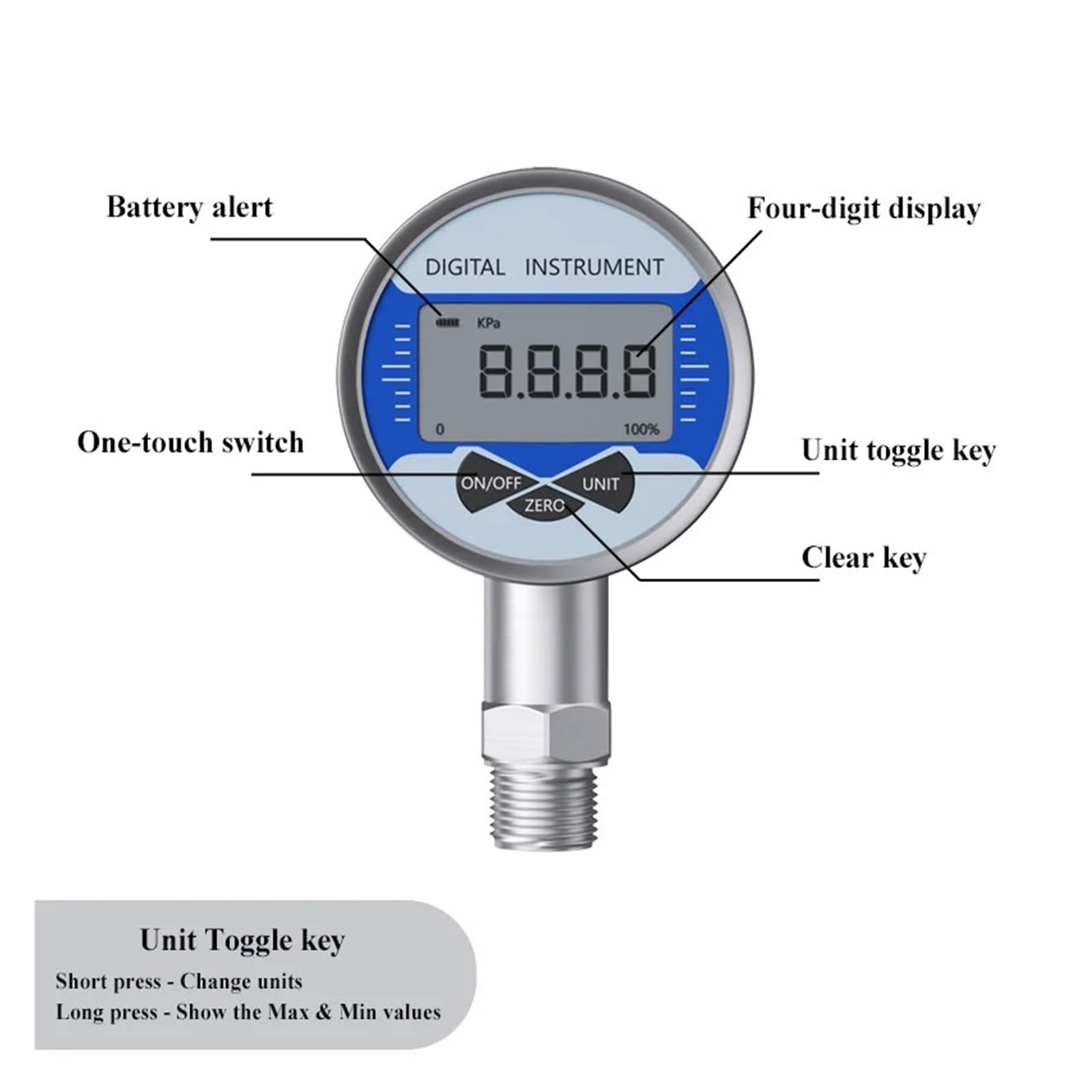 Manómetro digital con indicador de presión de -1-1,6 bar, 1-4 bar, 1-6 bar, 1-10 bar, 1-16 bar, indicador de presión (Npt1-2 radial, 0-80 Mpa)