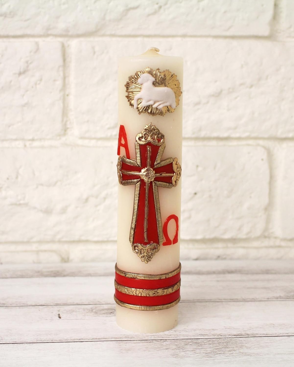 Beautiful Red with Gold Cross Confirmation Unique Paschal Gold-Tone Candle Alpha Omega Cross Sheep Baptism Easter Lent Batuizo Devotional Cirio