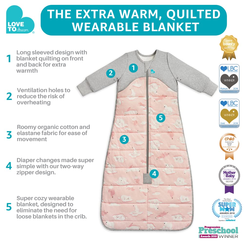 Love to Dream Extra Warm Baby Sleep Bag, Super Soft Temp Regulating Sleeping Sack, 3.5TOG Warm Wearable Blanket, 6-18 M, Pink