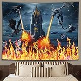 Fantasy Medieval Dragon Tapestry Wall Hanging 80 * 60in Mystical Game Theme Fire Dragon Poster Castl