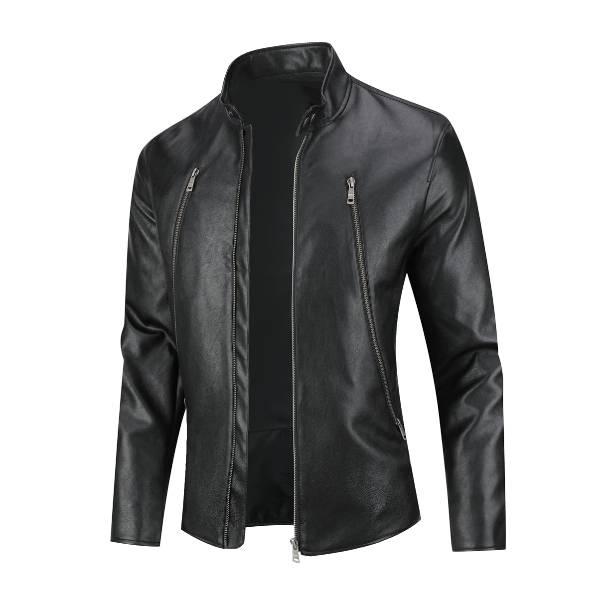 Sliktaa - Chaqueta de piel sintética ecológica de invierno con un cuello alto, de entretiempo, tipo motero, piloto, cremallera, informal, cuero, fresco, clásico, Negro D, XXL