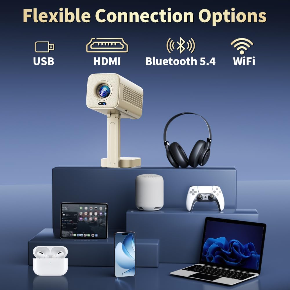 4K Mini Projector 2026 Upgraded Support Native 1080P FHD, Smart Projector [Built-in Apps] with WiFi and Bluetooth, Real-Time Auto Focus & Keystone Correction Supports TV Stick/iPad/Laptop/HDMI - Beige