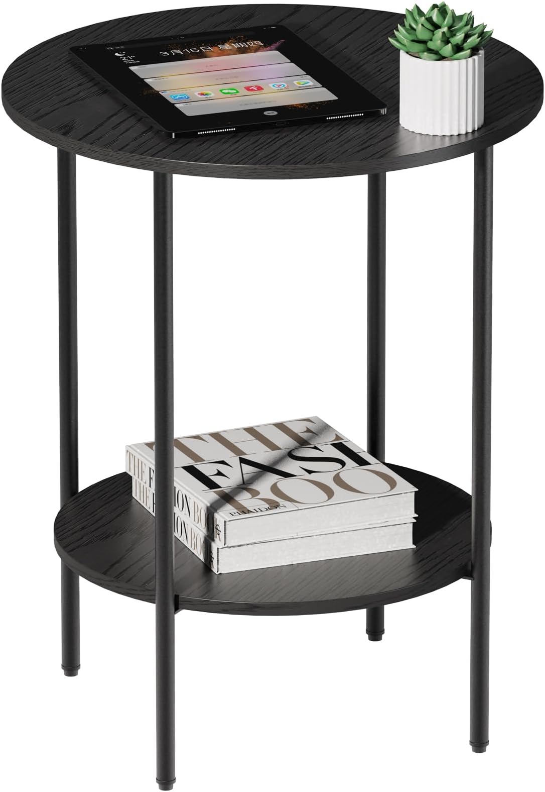 Side Table,Round End Table with 2 Storage Shelves| Compact Side Tables for Living Room, Couch, Office & Bedroom | Narrow Accent Table as Space-Saving Small Bedside Table 18x18x22in(Black)