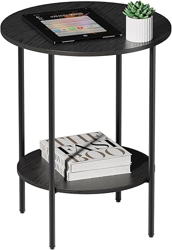 Mesa auxiliar, mesa auxiliar redonda con 2 estantes de almacenamiento, mesas auxiliares compactas para sala de estar, sofá, oficina y dormitorio,