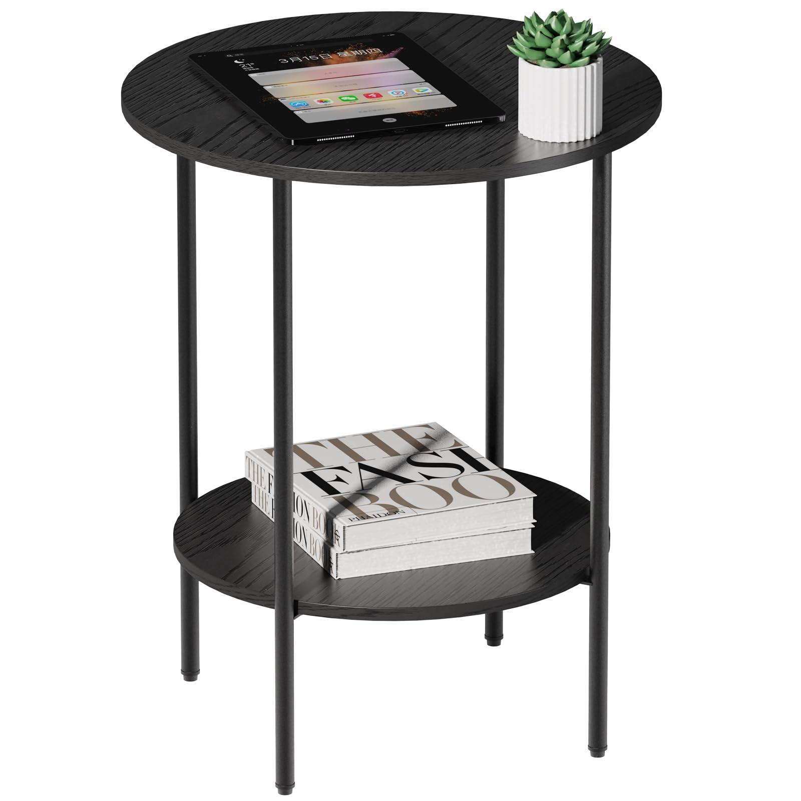 Side Table,Round End Table with 2 Storage Shelves| Compact Side Tables for Living Room, Couch, Office & Bedroom | Narrow Accent Table as Space-Saving Small Bedside Table 18x18x22in(Black)