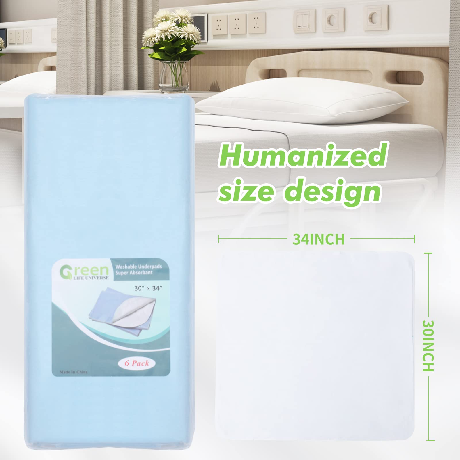 Sottoassorbenti lavabili, confezione da 6 pezzi, 76,2 x 86,4 cm, riutilizzabili, per incontinenza, per adulti e anziani, per la casa di allattamento, impermeabile, per cani e gatti