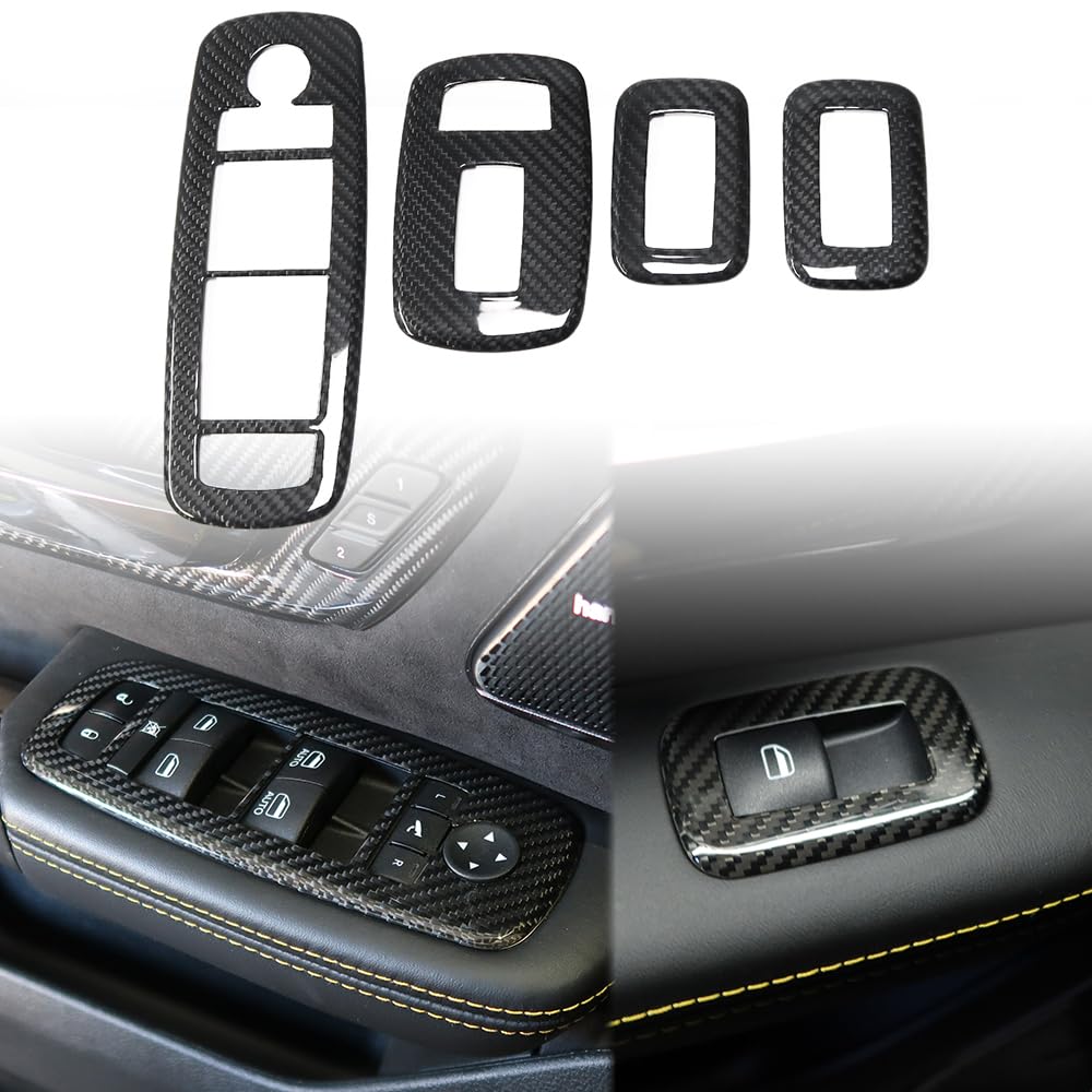 Jogon Carbon Fiber Window Lift Button Panel Trim for Dodge Ram 1500 TRX Pickup Off-Road Laramie Rebel Limited 2019 2020 2021 2022 2023 2024 Armrest Window Rise Lift Down Frame (Glossy CF)