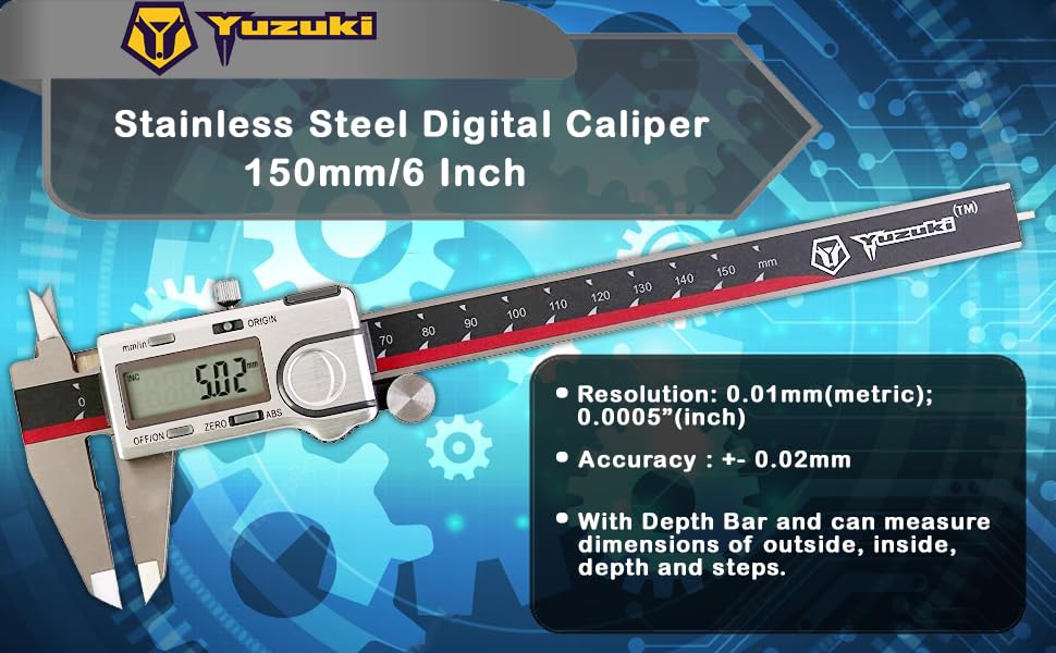 Yuzuki Precision Digital Caliper 150mm (6") – Industrial Stainless Steel Body, LCD Display, ±0.02mm Accuracy 1