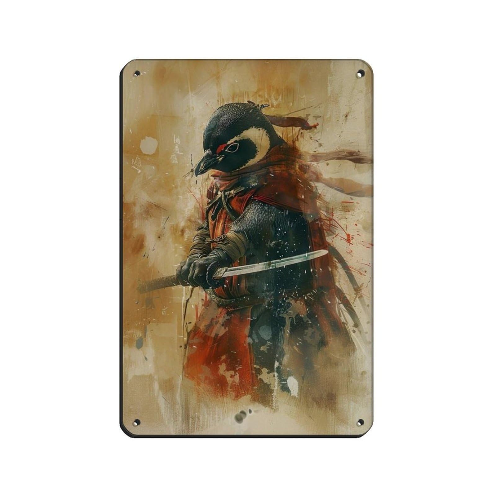 Ninja Penguin Holding A Katana Sword Tin Sign Vintage Metal Pub Club Cafe Bar Home Wall Art Decoration Poster Retro 8x12inch(20x30cm)