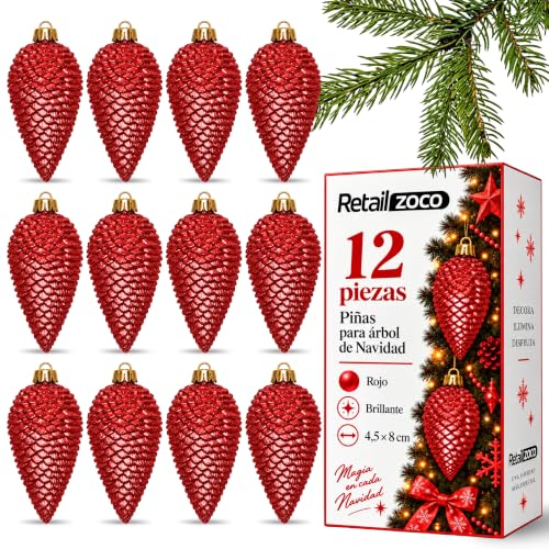 Piñas de Navidad, Adornos Arbol Navidad, 12 Piezas, Rojo