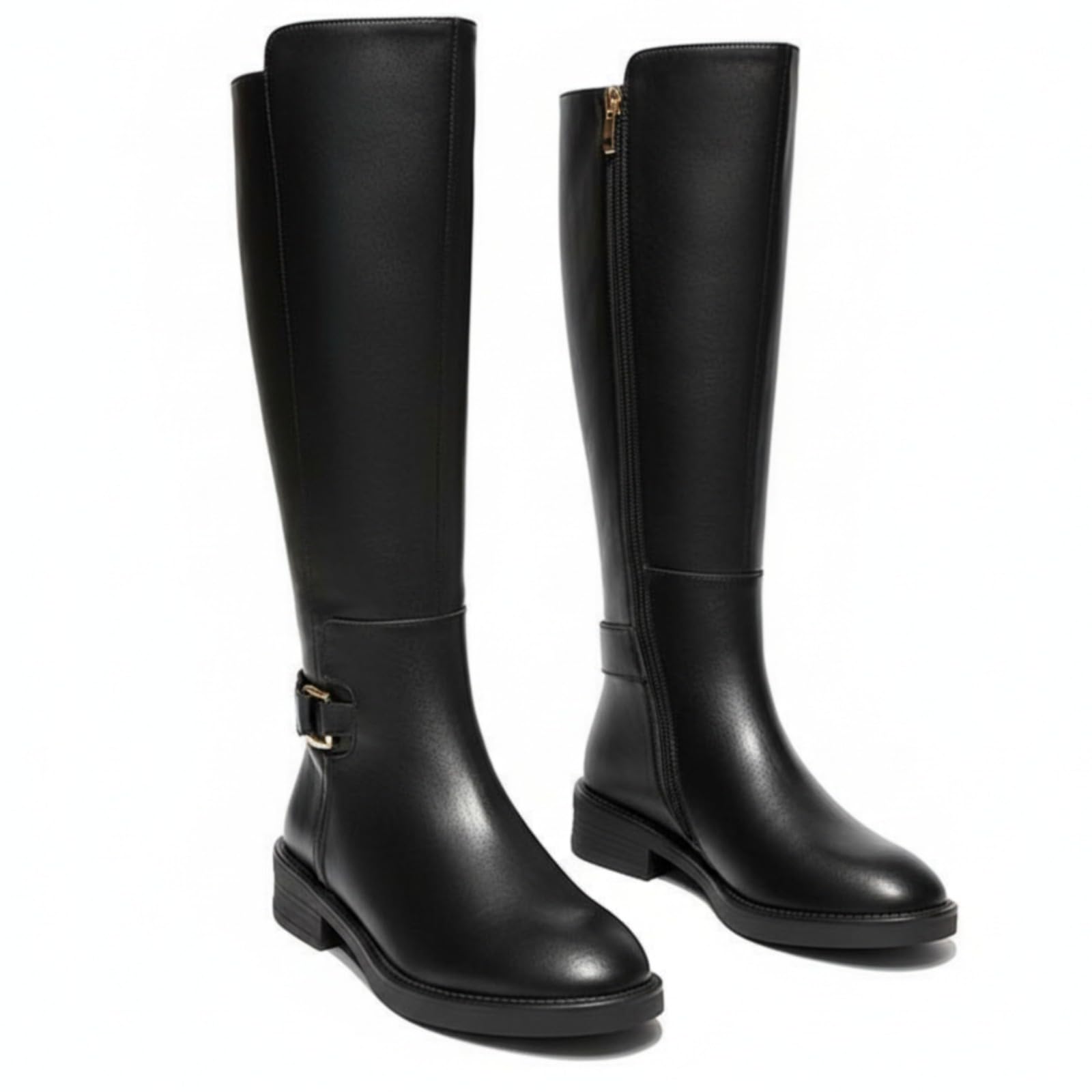 Womens Chic Leather Knee High Boots with Side Zipper Ankle Buckle chunky Block Heel for Comfortable Fall Winter