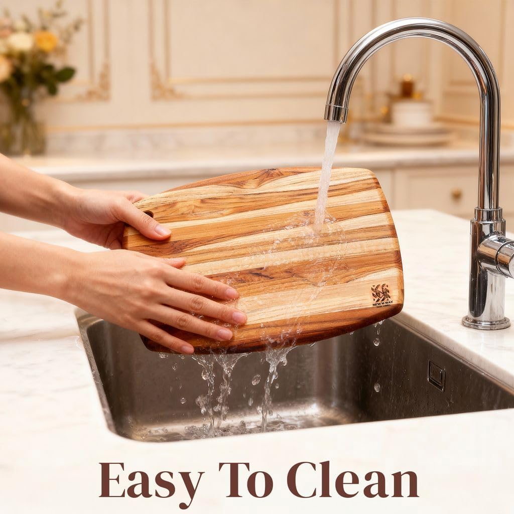 Set of 2 Premium Teak Wood Cutting Board, 14" x 10" x 0.8" Thin Paddle Edge Grain Solid Hardwood for Cheese, Bread & Fruit Serving, Non-Toxic, BPA/Plastic Free Chopping Block by New M Way