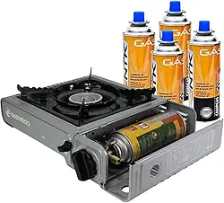 Guepardo Fogareiro Horizontal Duppio com Kit 4 Cartuchos Campgás, Acendimento Automático, 34 x 25,5 x 6,5 cm, Cinza