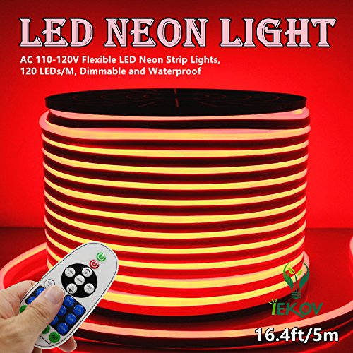 Led Neon Light, Iekov™ Ac 110-120V Flexible Led Neon Strip Lights, 120 Leds/M, Waterproof 2835 Smd Led Rope Light + Controller Power Cord For Home Decoration (16.4Ft/5M, Red) #TOP1