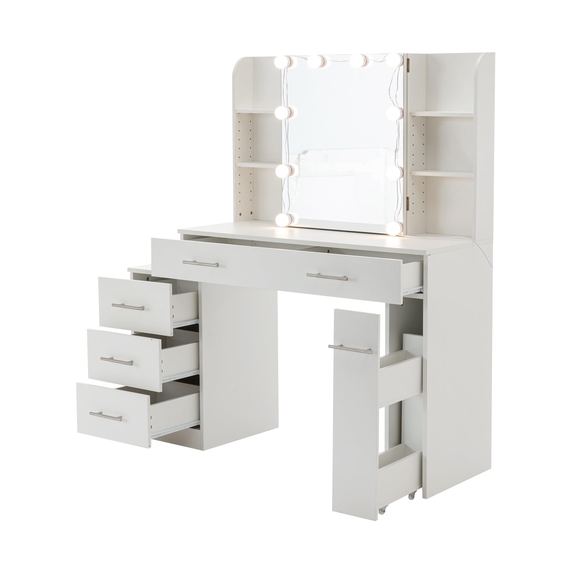 Thanaddo Schminktisch mit Schiebespiegel, 5 Schubladen, offenen Regalen, Hocker, Modern Kosmetiktisch, Frisiertisch, Weiß