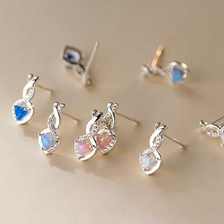 Pendientes de Plata 925 con Forma de corazón, ópalo y Ondas en Espiral, Color Rosa