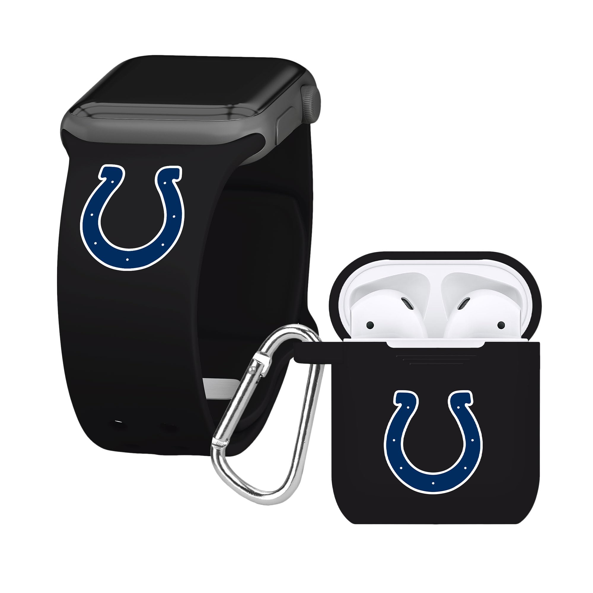 Game Time Indianapolis Colts Silicone Watch Band and Case Cover Combo Package Compatible with Apple Watch and AirPods Battery Case (42/44/45mm Black/Black)