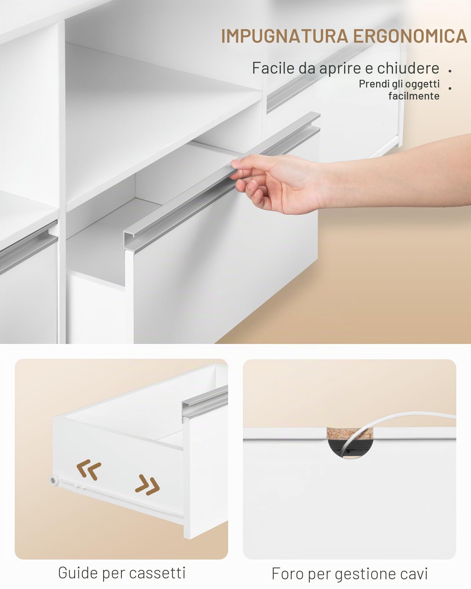 Hzuaneri Mobile TV con Illuminazione RGB LED, Tavolino Porta TV fino a 65 Pollici, Lungo 143,5 cm, 3 Cassetti 3 Scomparti Aperti, 40 x 143,5 x 50 cm, per Soggiorno, Camera da Letto, Bianco-Argento
