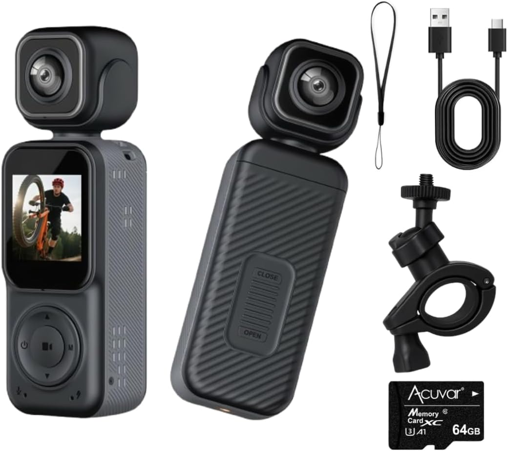 Acuvar 4K Pocket Vlogging Camera with Dual Screen & 3-Axis Gimbal Stabilizer, Handheld Portable Video Camera with WiFi, Face Tracking, 270° Rotation & 64GB SD Card