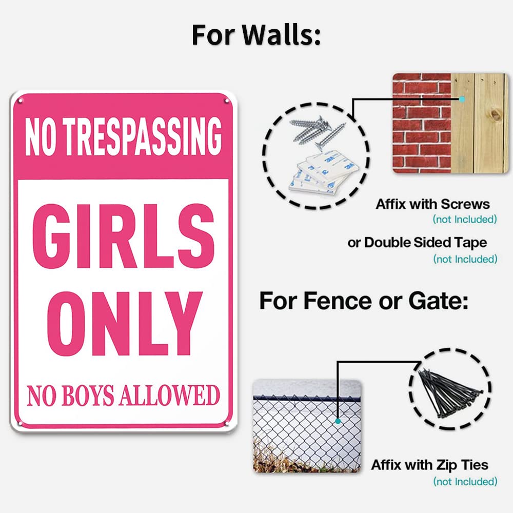 No Boys Allowed Sign For Girls Room - Pink Metal Tin Sign, 8x12 Inch, Fun Bedroom Wall Decor