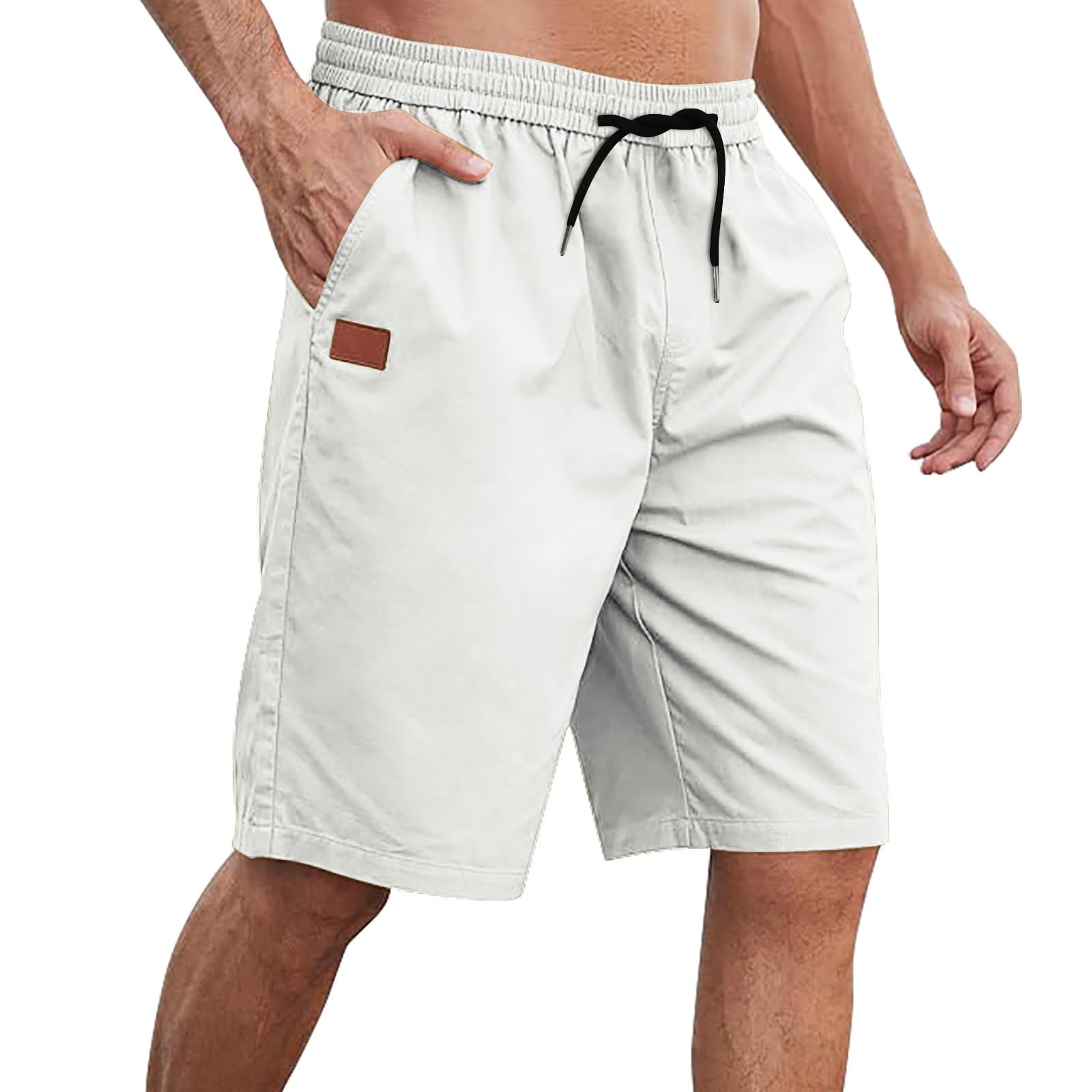 Men's Hiking Cargo Shorts Elastic Waist Drawstring Knee Length Pant Lightweight Casual Athletic Shorts with Pockets(#02-White,Medium)