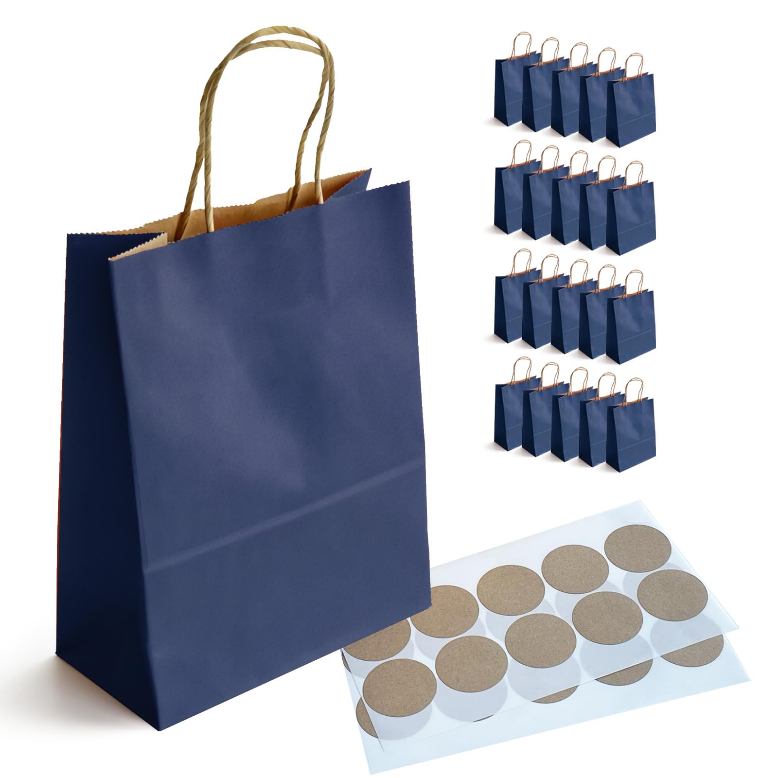 BaiMoure Paper Gift Bags with Handles, 20 Pack Blue 150GSM Thick Medium Kraft Bag, Brown Stickers, 21x11x27cm Reusable Heavy Duty Carrier Bags for Birthday, Wedding, Shopping, Party Favors