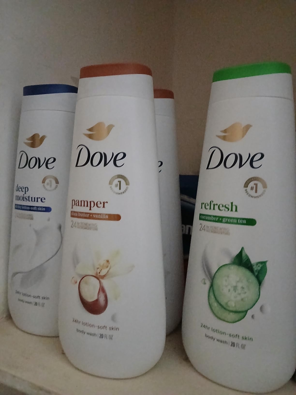 Unilever Dove Body Wash Deep Moisture, Sensitive Skin, Cucumber and Green Tea, and Shea Butter & Vanilla Collection 4 Count Skin Cleanser with 24hr Renewing MicroMoisture 20 oz