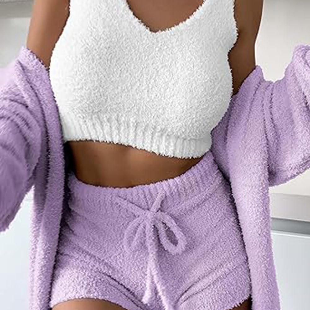 Conjunto de Punto de 3 Piezas,Pijama Sexy de Forro Polar difuso y cálido para Mujer,Conjunto de Ropa de Dormir de 3 Piezas,Tops Cortos sin Mangas