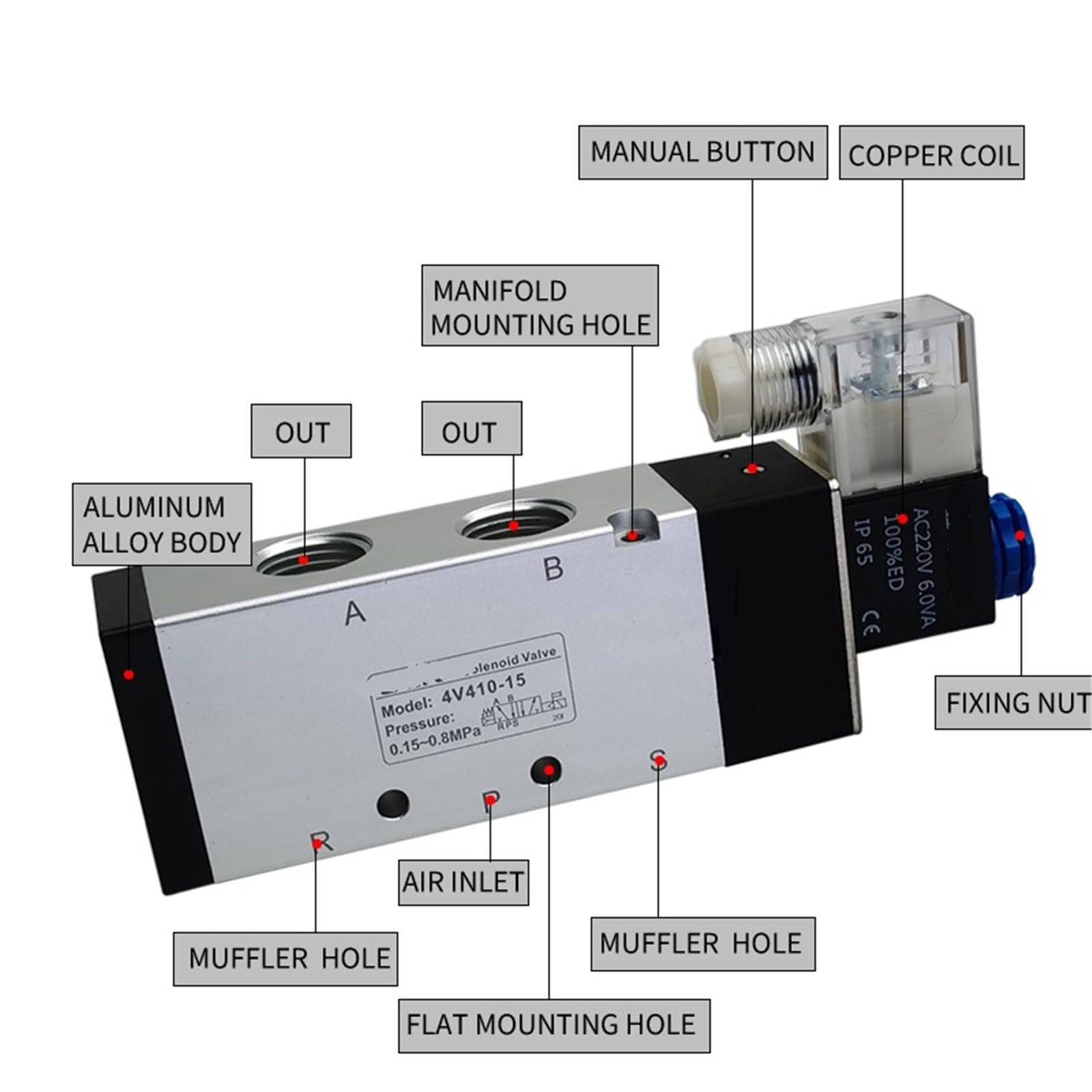 Pneumatyczny zawór powietrzny Solenoid 4V410-15 5-drożny 2-pozycyjny zawór gazowy 1 szt. (z 6 mm, DC24V)