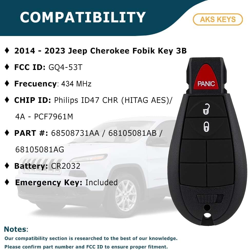 Replacement for Jeep Cherokee Fobik Key 3 Buttons Lock, Unlock & Panic That Use FCC GQ4-53T Compatible with Cherokee 2014-2023 - 434 MHz (2)